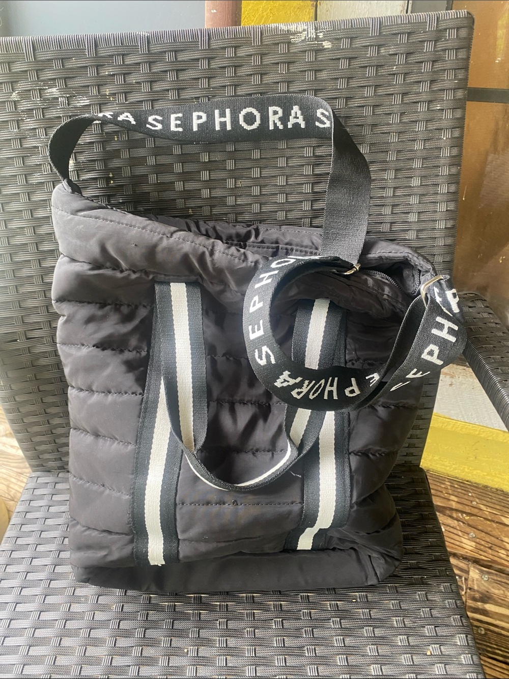 Sephora Black Quilted Tote with White-Strap Accents